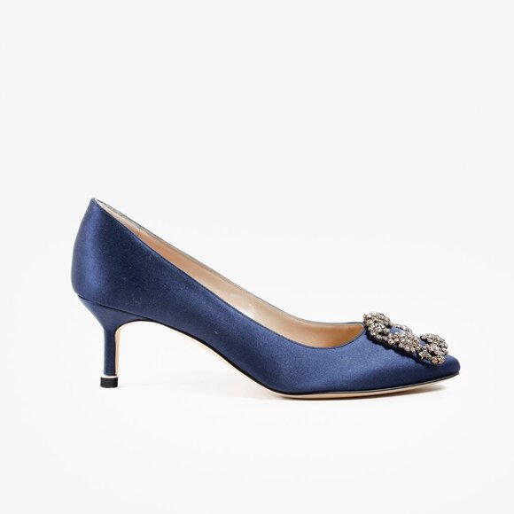 Manolo Blahnik Hangisi Blue Satin Jewel Pumps - Picture 1 of 9